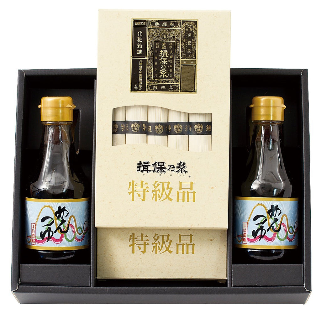 　【揖保乃糸 めんつゆセット】（品番）MI-300　（内容量）【特級品】 250ｇ（50ｇ×5束）×2  麺つゆ（4倍濃縮） 200ｍｌ×2本