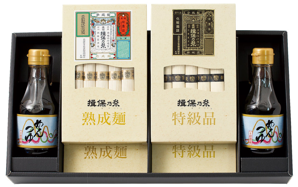 【揖保乃糸 めんつゆセット】（品番）MI-500（内容量）【特級品】 250ｇ（50ｇ×5束）×2  【熟成麺】 250ｇ（50ｇ×5束）×2  麺つゆ（4倍濃縮） 200ｍｌ×2本