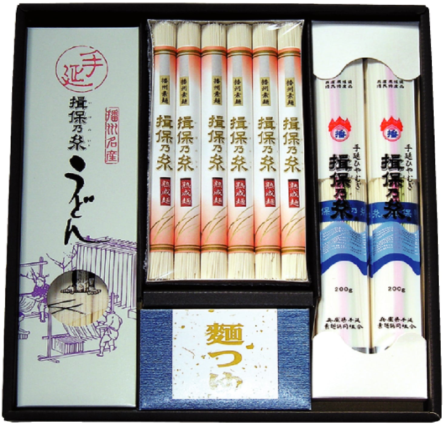 【揖保乃糸 麺の饗宴】（品番）MYH-35（内容量）【手延素麺・熟成麺】300g（50g×6束）  【手延冷麦】 200g×2  【手延うどん】 300g×1  麺つゆ30ml×3（濃縮